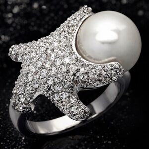 Starfish Micro Pave set fish sea life Cz Diamond Pearl Cocktail statement Ring